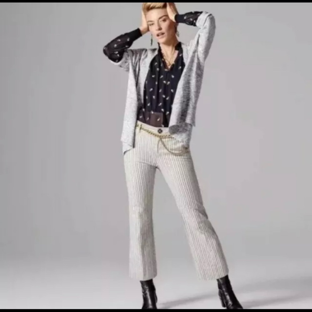 Cabi Sz 6 Tick Tock Crop Trouser Pant Blue/Ivory Stripe Mid Rise Style #5316